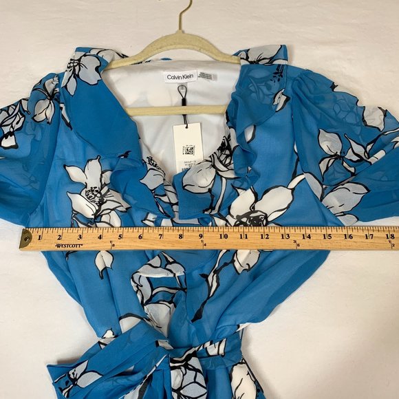 Calvin Klein Womens Floral Printed Chiffon Faux Wrap Dress Blue Size M NWT - Picture 13 of 13